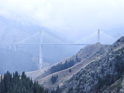 雨雾弥漫的新疆果子沟大桥