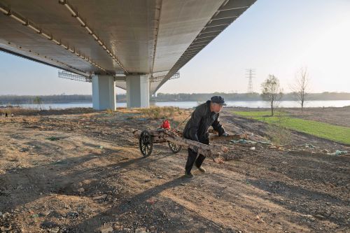 大桥下拉车老人